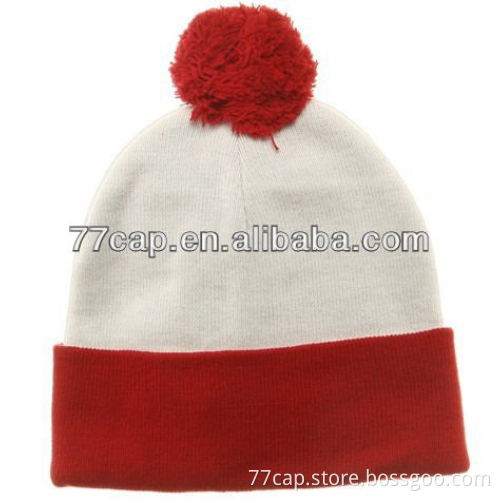 100% acrylic winter knitted beanie hat with top ball
